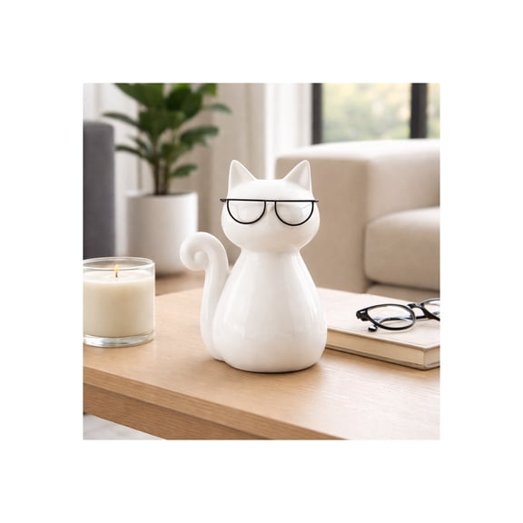 Cat Figurine with Glasses for Home and Bathroom Decor - Porcelain Animal Sculpture for Office and Room - Glam Statue Display for Living Room, Shelf and Coffee Table Ornament - 7", White