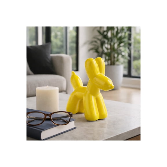 Contemporary Ceramic Balloon Dog Sculpture for Home Accent - Ornaments for Bathroom, Office, Room and Living Room Display Styling - Modern Figurine for Shelf or Coffee Table Decor - 7", Yellow