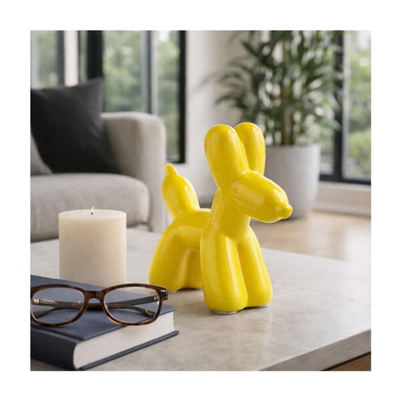 Contemporary Ceramic Balloon Dog Sculpture for Home Accent - Ornaments for Bathroom, Office, Room and Living Room Display Styling - Modern Figurine for Shelf or Coffee Table Decor - 7", Yellow