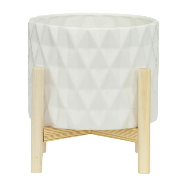 Sagebrook Home 8" Ceramic Diamond Planter With  Wood Stand, White, Round, Ceramic, Contemporary, 8"L X 8"W X 9"H, Diamond