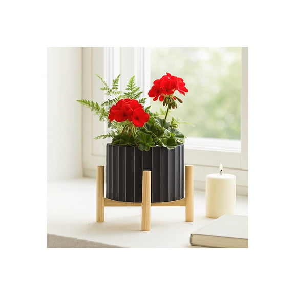 Ceramic Fluted Planter with Wooden Stand for Home Decor Entryway, Patio and Garden - Modern Flower Planters for Indoor and Outdoor Plants - Decorative Pots for Shelf and Tabletop - 9", Black & Tan