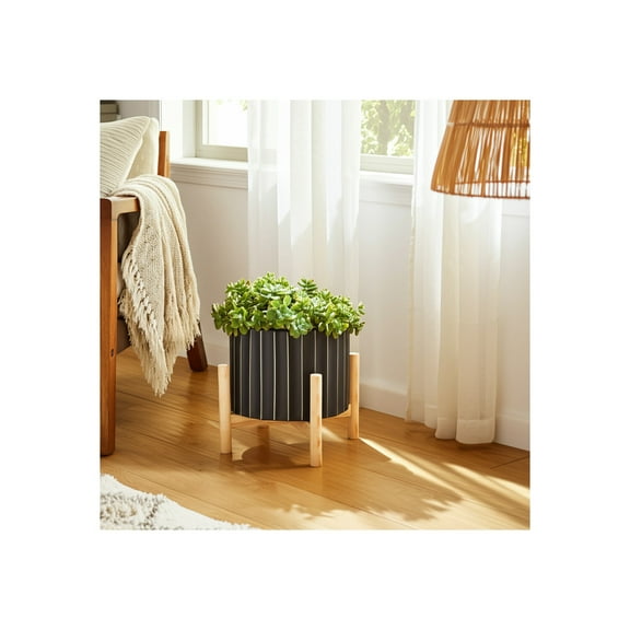 Ceramic Planter with Stand - Modern Ceramic & Pine Wood Plant Pot for Indoor Outdoor Use - Stylish Home & Garden Decor - 9" Black