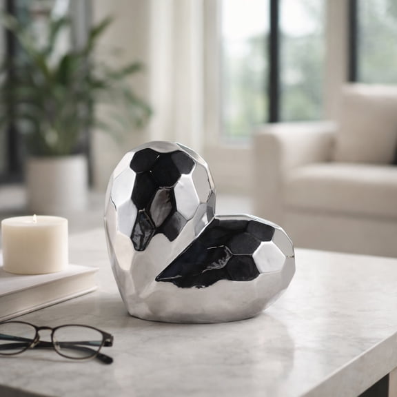 Decorative Ceramic Heart Sculpture for Home Decor - Ornament for Bathroom, Office, and Living Room Decor - Modern Figurine Accent for Bedroom, Shelf Display, and Coffee Table - 8", Silver & Metallic