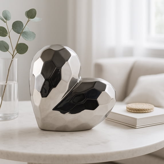 Decorative Ceramic Heart Sculpture for Home Decor - Ornament for Bathroom, Office, and Living Room Decor - Modern Figurine Accent for Bedroom, Shelf Display, and Coffee Table - 8", Silver & Metallic