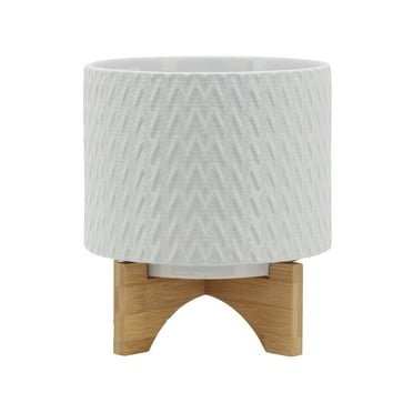 Sagebrook Home 8" Chevron Planter With Stand, White, Round, Ceramic, Contemporary, 8"L X 8"W X 10"H, Chevron