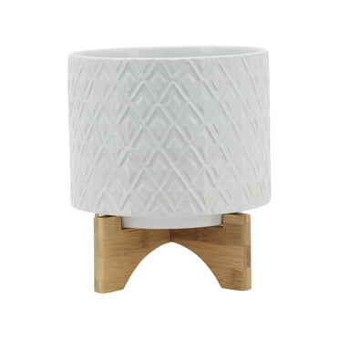 Sagebrook Home 8" Diamond Planter With Stand, White, Round, Ceramic, Contemporary, 8"L X 8"W X 10"H, Diamond