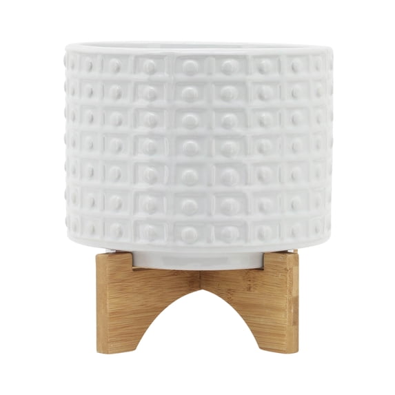 Sagebrook Home 8" Dotted Planter With Stand, White, Round, Ceramic, Contemporary, 8"L X 8"W X 10"H, Dot