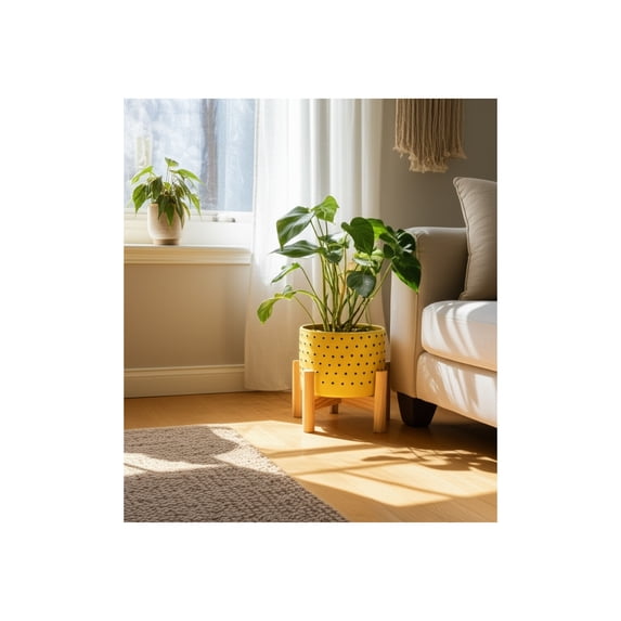 Flower Pot Planter On Stand for Home Decor - Ceramic Stoneware Indoor and Outdoor Garden Flower Pot for Orchids - Wooden Stand and Dot-Pattern Design for Living Room or Patio Display - 9", Yellow