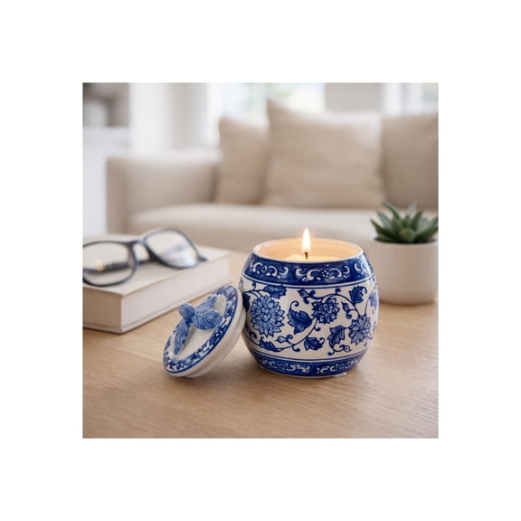 Ceramic Scented Candle with Lid for Home Decor - Pillar and Votive Candle for Indoor and Outdoor Spaces - Chinoiserie Design for Living Room, Bedroom, or Bathroom Decor - 5", Blue & White