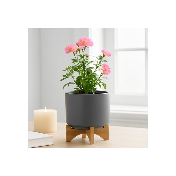 Ceramic Matte Planters with Wood Stand for Home Decor Accent Decorative Flower Pots for Tabletop, Entryway, Patio, and Garden - Raised Pots Container for Indoor and Outdoor Plants - 9", Gray & Tan