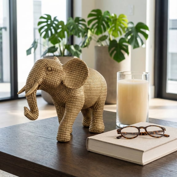 Decorative Resin Elephant Figurine for Home and Bathroom Decor - Elegant Accent for Entryway and Coffee Table - Ornament Statue for Office Desk, Living Room, or Shelf Decor - 8", Gold & Metallic