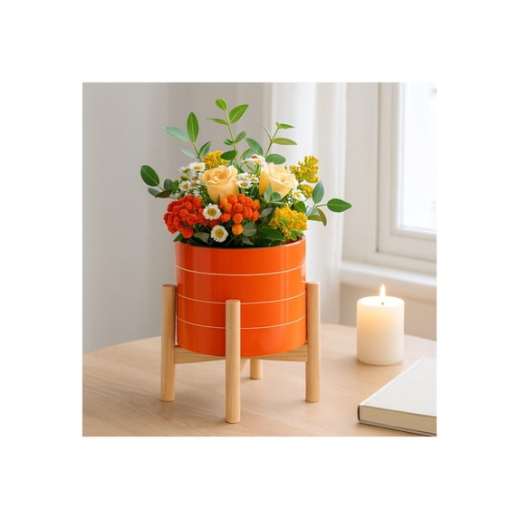 Striped Ceramic Planters with Wooden Stand as Home Decor Flower Pots for Entryway, Patio, Tabletop, and Garden - Colorful Decorative Pots for Indoor and Outdoor Plants - 9", Orange & Tan