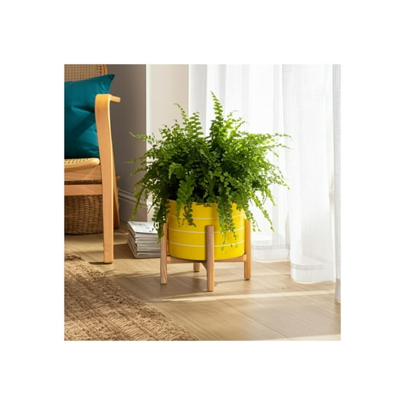 Ceramic Planter on Stand - Modern Ceramic Flower Pot with Wooden Base - Indoor/Outdoor Decorative Plant Holder for Home & Garden - 9" Yellow