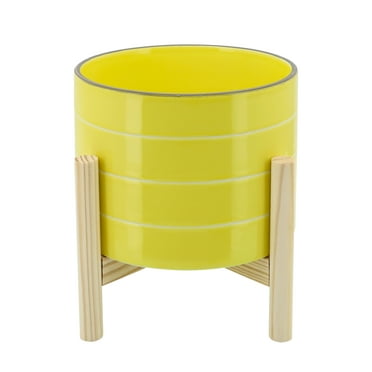 Sagebrook Home 8" Striped Planter With Wood Stand, Yellow
