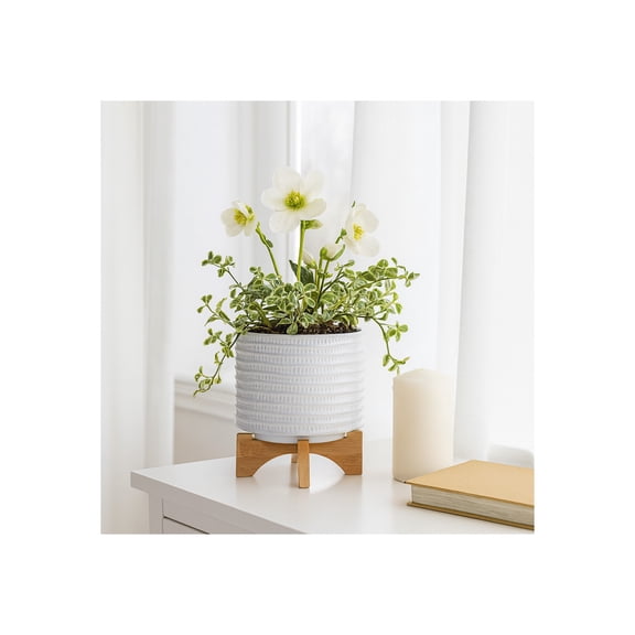 Decorative Ceramic Flower Pots with Wood Stand for Home Decor Modern Planters for Entryway, Garden, and Patio - Textured Raised Container for Indoor and Outdoor Plants - 10", White & Tan