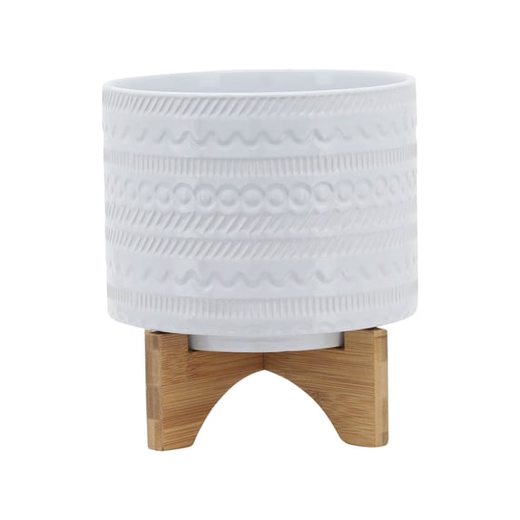 Sagebrook Home 8" Tribal Planter With Wood Stand, White, Round, Ceramic, Contemporary, 8"L X 8"W X 10"H, Tribal