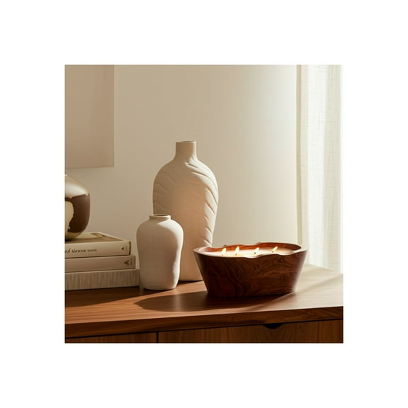 Sculpted Acacia Wood and Wax Multi-Wick Candle with Carved Oval Vessel and Artisan-Inspired Design for Decorative Ambiance and Natural Texture in Contemporary Indoor Decor Settings
