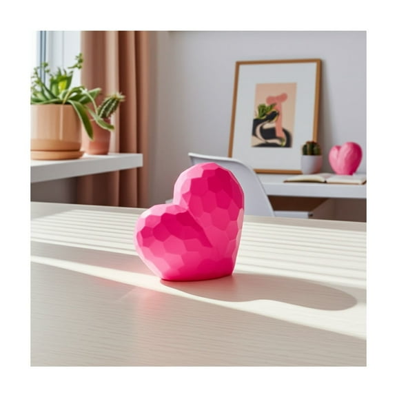 Decorative Heart Sculpture - Faceted Resin Accent - Glam Boho Style for Home, Office, Bedroom, Living Room - 9" Pink