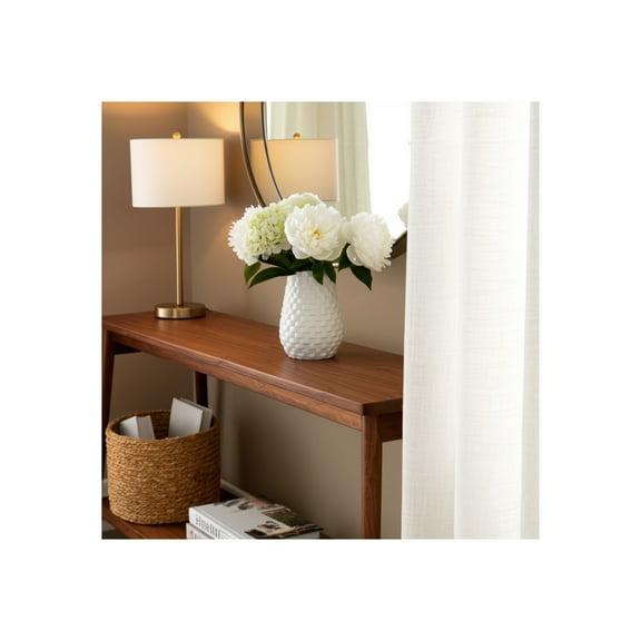 Stoneware Ceramic Vase with Textured Diamond Basket-Weave Pattern and Brown Rim - 6x6x9 White Casual Home Decor for Living Room, Office, Bedroom or Home Display