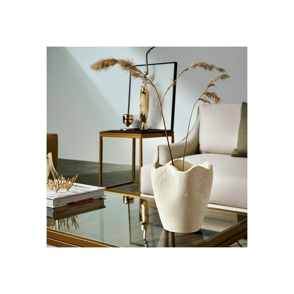 Modern Textured Pottery Vase - Handmade Terracotta Decorative Accent with Organic Wavy Rim - Rustic Boho Home Decor for Living Room, Bedroom & Office - 10" Ivory & Tan