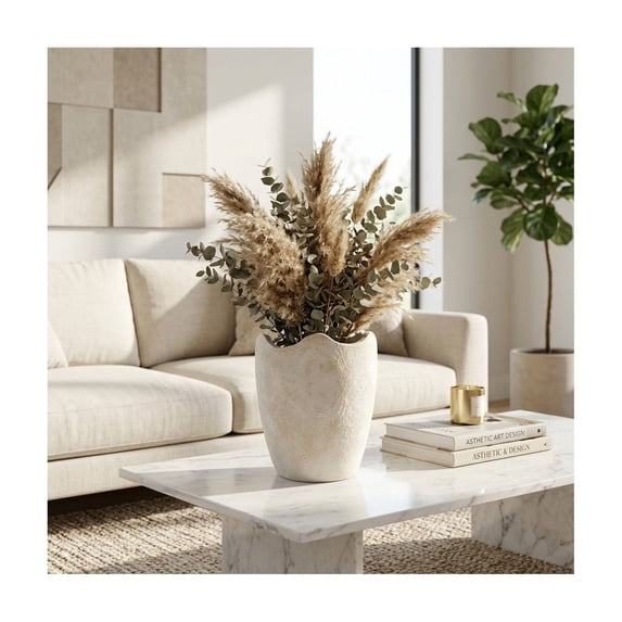 Classic Terracotta Wavy Rim Vase for Living Room Decor - Decorative Flower Vase for Home Display - Textured Sculptural Accent for Room, Bedroom, House, Office and Table Placement - 12", Ivory & Tan