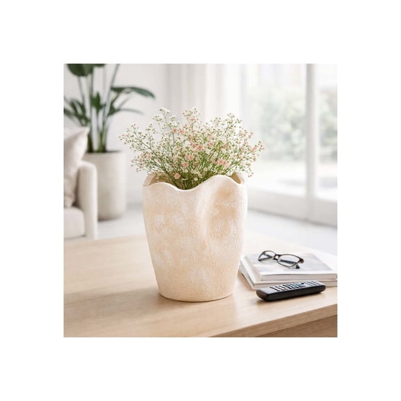 Classic Terracotta Wavy Rim Vase for Living Room Decor - Decorative Flower Vase for Home Display - Textured Sculptural Accent for Room, Bedroom, House, Office and Table Placement - 10", Ivory & Tan