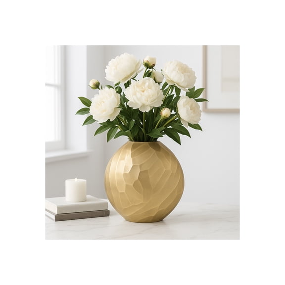 Sculpted Textured Metal Vase for Living Room Decor - Decorative Flower Vase for Home, Bedroom, and Office Desk Decor - Modern House Accent for Entryway Table Display - 11", Gold & Metallic
