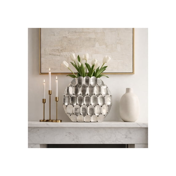 Elegant Oval Metal Vase for Living Room and Home Decor - Decorative Flower Vase for Shelf, Bedroom, or Office Decor - Ideal for House Accent and Table Centerpiece - 17", Silver & Metallic