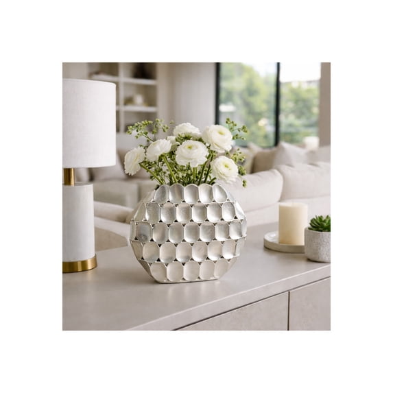 Elegant Oval Metal Vase for Living Room and Home Decor - Decorative Flower Vase for Shelf, Bedroom, or Office Decor - Ideal for House Accent and Table Centerpiece - 13", Silver & Metallic