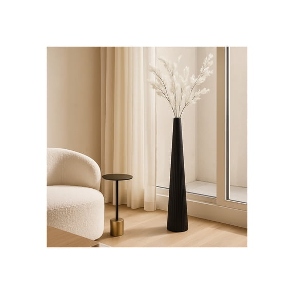 Modern Tall Metal Vase - Ribbed Aluminum Decorative Floor Vase for Home, Office, Bedroom & Living Room - 48" Black