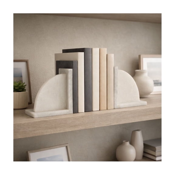 Modern Half-Moon Marble Book Ends for Shelves - Decor and Book Accessories for Home Bookshelf  Library Accent - Decorative Bookends Display for Office, Desk or Living Room Decor - Set of 2, 6", White