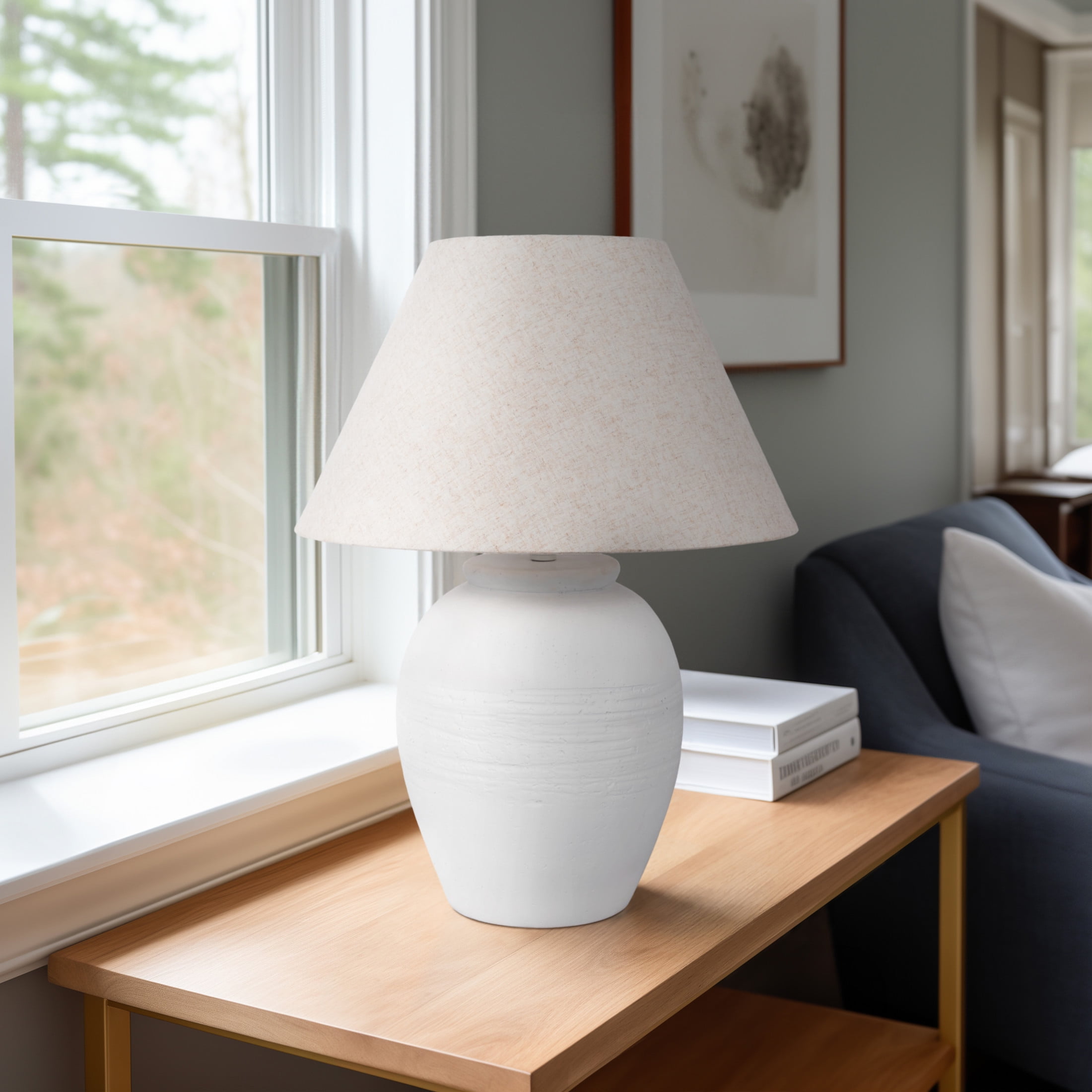 Artisan White Concrete Table Lamp with Beige Fabric Shade