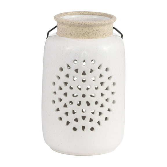 Sagebrook Home Artisan Lantern, Elegant Ceramic Flower Cut Out Design, Home Accent