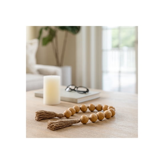 Home and Office Decorative Ornament - Rustic Wooden Bead Garland Sculpture with Soft Tassels - Bohemian or Farmhouse Decor for Living Room, Bedroom, Bathroom, Coffee Table, and Shelf - 1" Brown