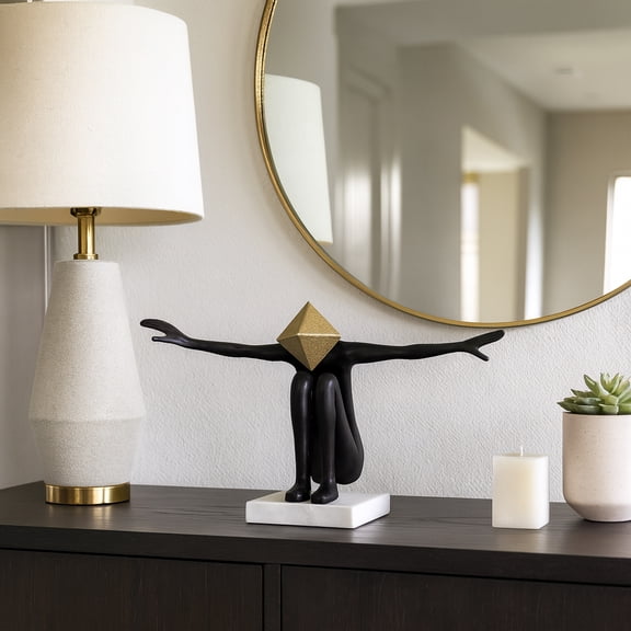 Modern Home and Office Statue for Living Room - Abstract Metal and Marble Figurative Sculpture with Pyramid Head - Elegant Accent for Bedroom, Bathroom, Coffee Table, and Shelf Decor - 8" Black & Gold