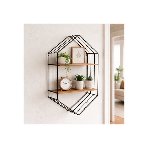 Metal Hexagon Storage Organizer with Wood Shelves for Home Decor - Minimalist Wall Storage for Living Room, Bedroom, or Office - Decorative Accent for Entryway and Kitchen Area - 32", Brown & Black