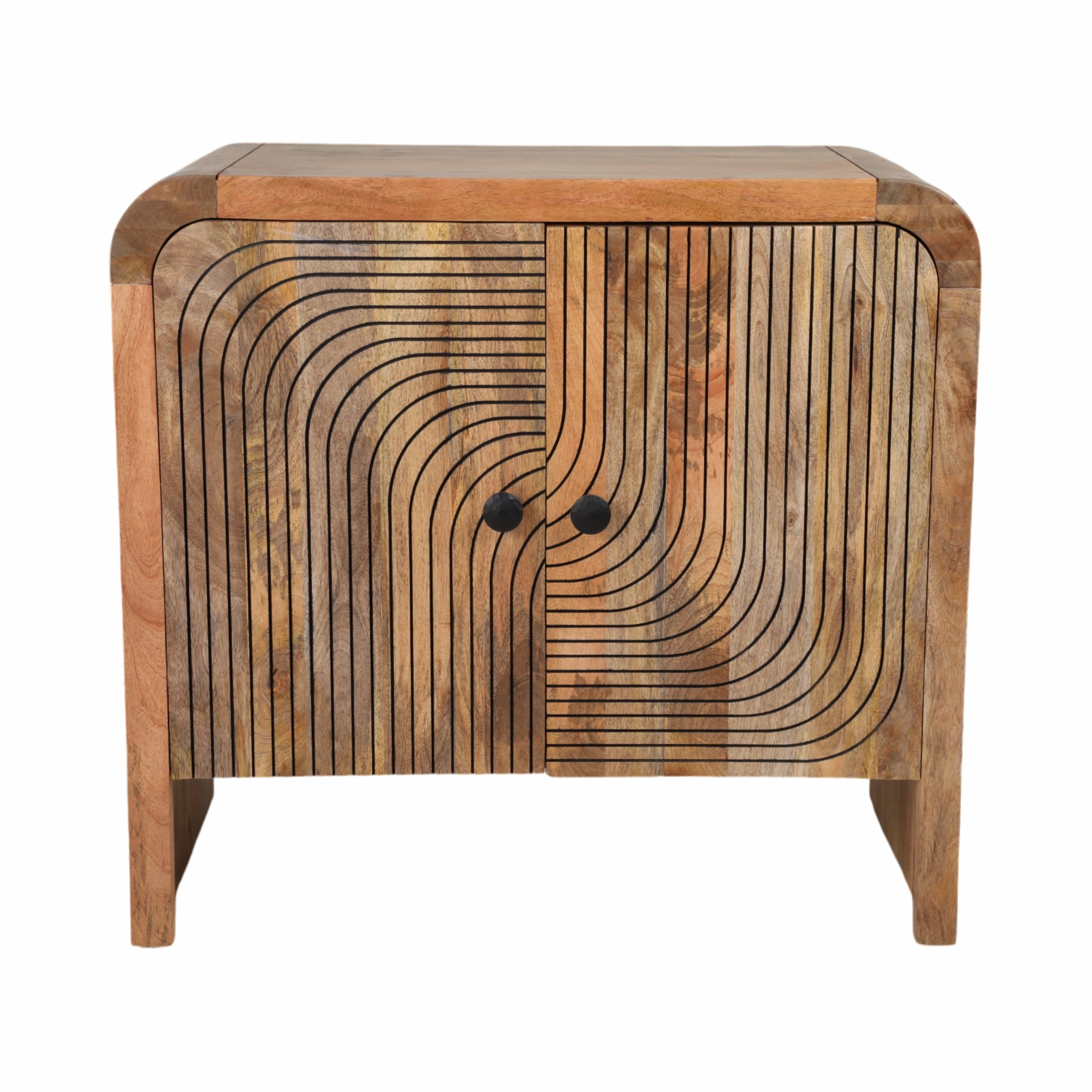 Artisan Mango Wood Carved Front Waterfall Edge Cabinet