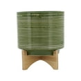 thumbnail image 1 of Sagebrook Home Ceramic 10" Planter On Wooden Stand, Olive, Round, Ceramic, Contemporary, 10"L X 10"W X 11"H, Striped, 1 of 8