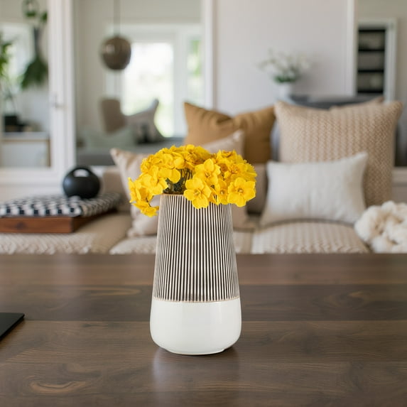 Sagebrook Home Stoneware Ceramic Vase - Textured Design for Home, Office, Living Room, Bedroom Decor - Ivory & Tan, 10"