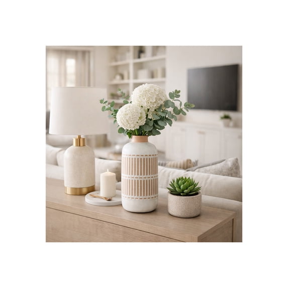 Ceramic Vase with Decorative Pattern for Living Room and Home Accents - Modern Flower Vase for Room, Bedroom or Office Decor - Ideal for House and Table Decor Displays - 12", Ivory & Tan