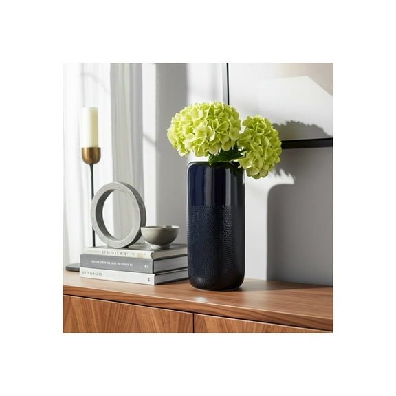 Modern Ceramic Stoneware Vase - Textured Decorative Flower Holder - Elegant Home & Office Accent - Contemporary Minimalist Design - 12" Blue