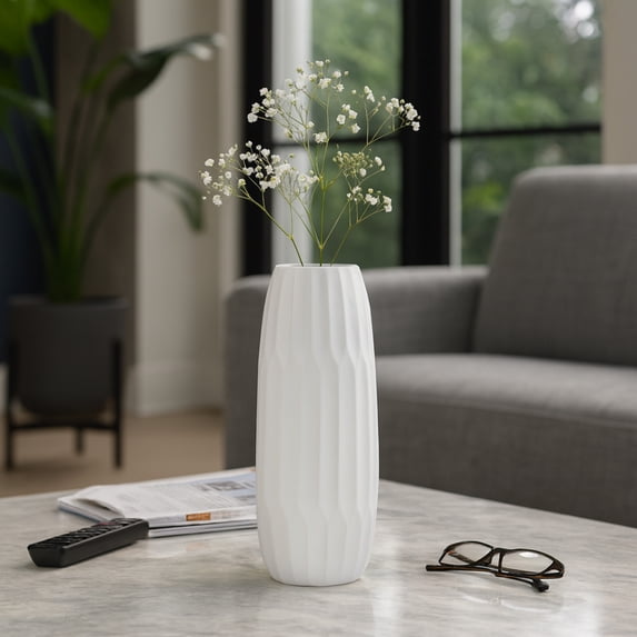 Cylinder Vase for Living Room Decor - Ceramic Stoneware Flower Vase for Home, Bedroom, House Centerpiece, and Office Table Decor - Modern Textured Design for Mantel and Console - 14", White