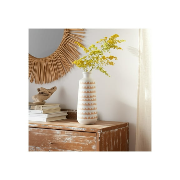 Boho Ceramic Vase - Tall Textured Stoneware Decorative Accent for Home, Living Room, Bedroom, Office - Modern Pattern, Minimalist Style - 16" Ivory & Tan
