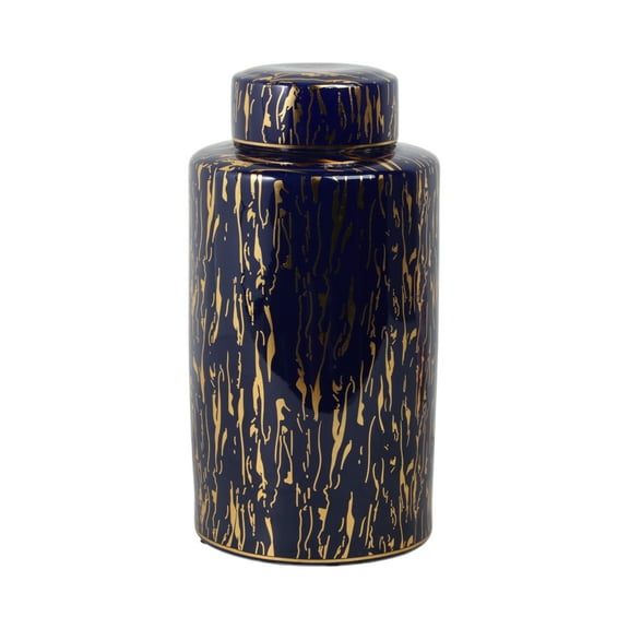 Sagebrook Home Ceramic 16"H Jar, Blue/Gold, Cylinder, Ceramic, Glam, 7.87"L X 7.87"W X 15.75"H, Abstract