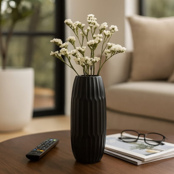 Ceramic Stoneware Vase Textured Boho Decorative Flower Holder for Home, Office, Bedroom & Living Room - Minimalist Modern Accent Piece - 16" Black