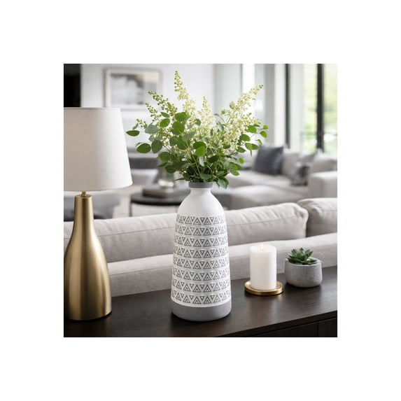 Bottle Aztec Vase for Living Room Decor - Ceramic Stoneware Flower Vase with Boho Pattern for Home, Bedroom, Table, or Office Decor - Accent Display for Kitchen Counter and Mantel - 18", Gray