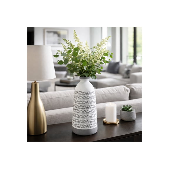Bottle Aztec Vase for Living Room Decor - Ceramic Stoneware Flower Vase with Boho Pattern for Home, Bedroom, Table, or Office Decor - Accent Display for Kitchen Counter and Mantel - 18", Gray