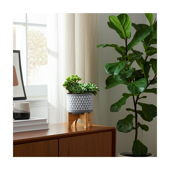 Ceramic Planter with Wooden Stand - Ceramic Indoor/Outdoor Plant Pot - Modern Geometric Design - Home & Garden Decor - 6" Gray