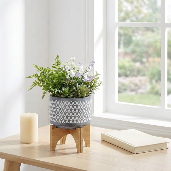 Modern Round Planter on Stand for Home Decor - Ceramic Stoneware for Outdoor and Indoor Plant Pot with Bamboo Wood Base - Geometric Design For Succulents and Small Houseplants - 6", Gray