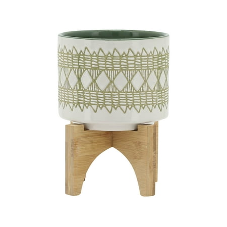 Sagebrook Home Ceramic 5" Aztec Planter On Wooden Stand, Olive